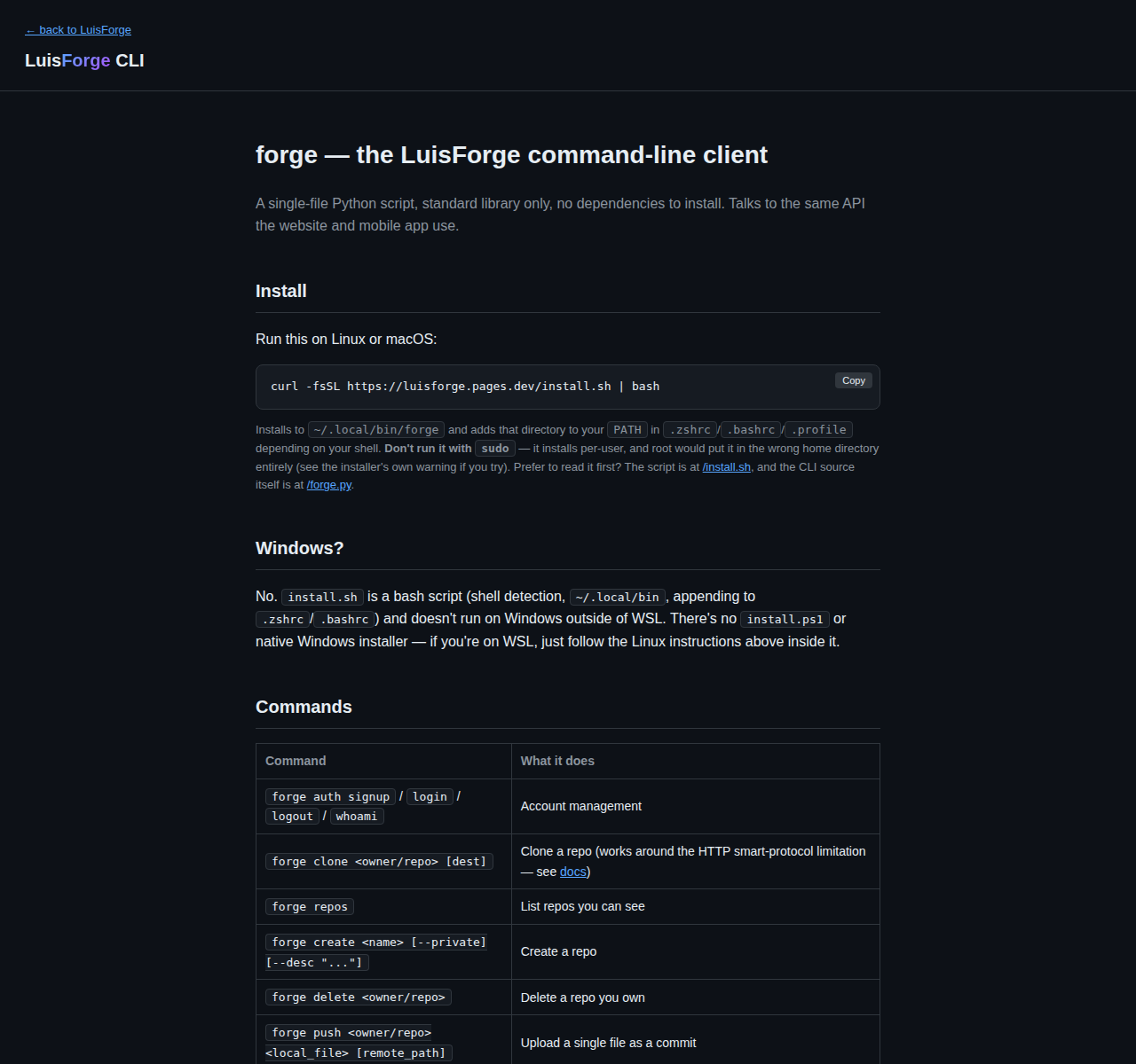 LuisForge CLI reference page