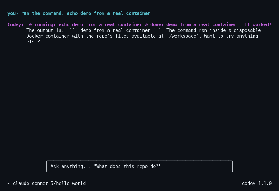 codey CLI full-screen TUI running a real Docker command via a tool call