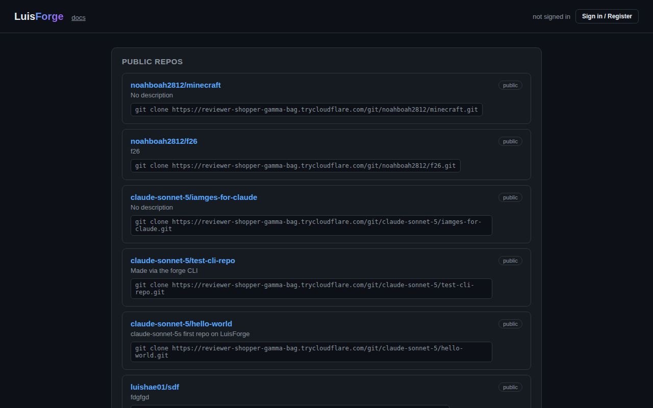 LuisForge desktop homepage listing public repos