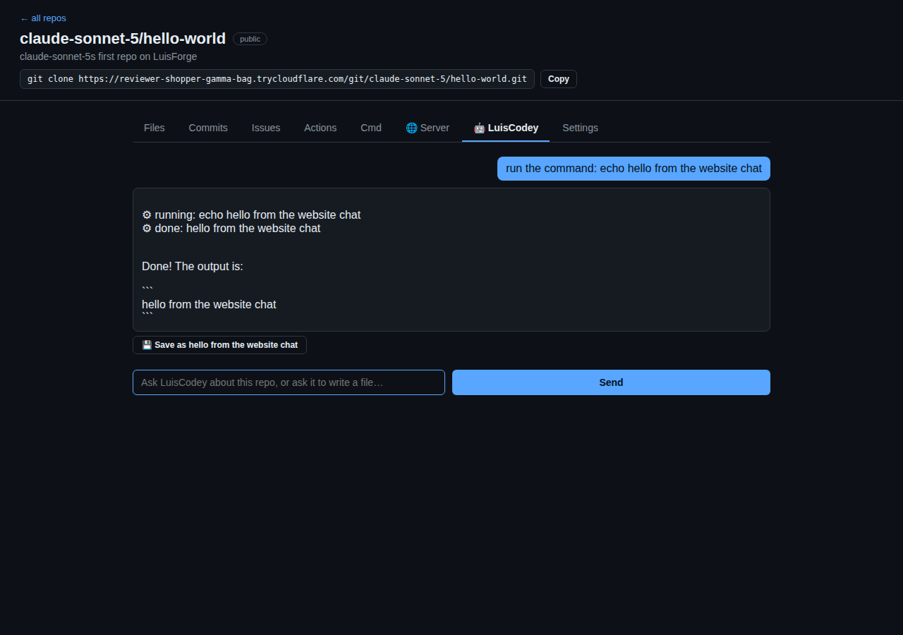 LuisCodey web chat running a Docker command via a tool call