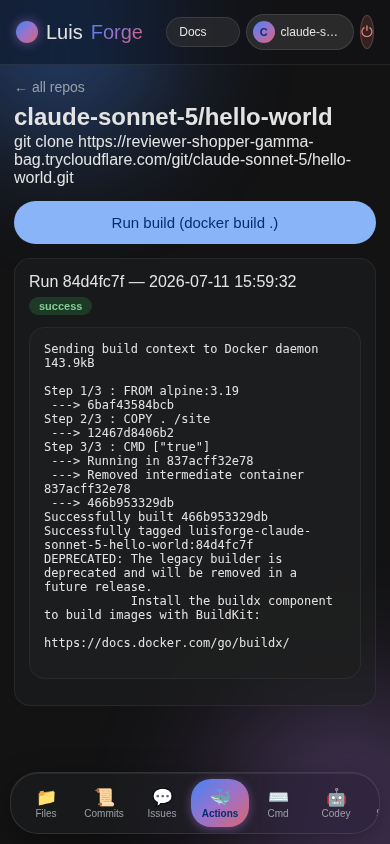 Mobile Actions tab showing a successful Docker build