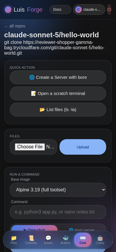 Mobile Cmd tab with quick actions