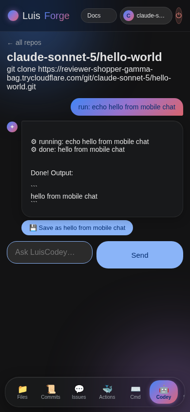 Mobile LuisCodey chat running a Docker command