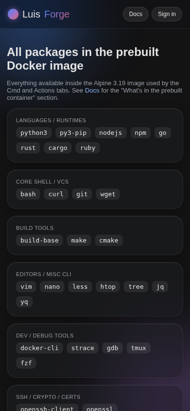 Mobile page listing all prebuilt Docker packages